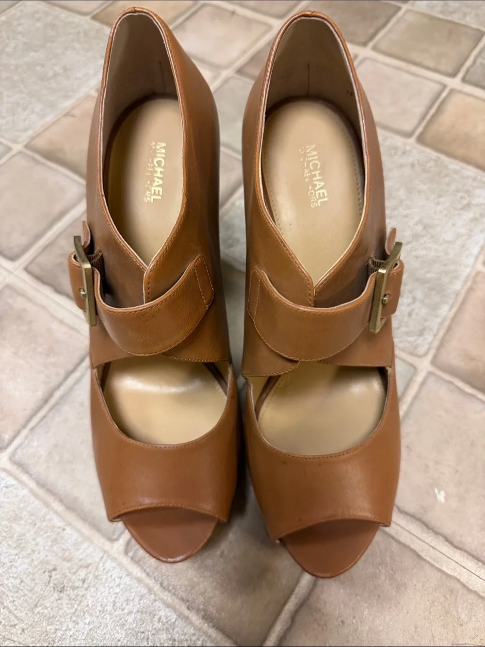 Michael Kors Cognac Leather Peep-Toe Heels with Buckle Detail